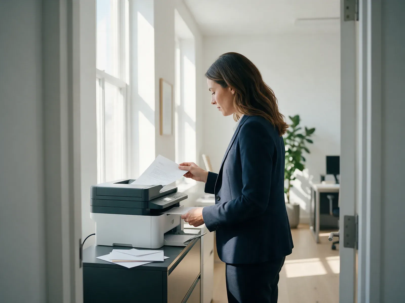 Een vrouw in een donkerblauw colbert haalt in een licht kantoor een net geprinte brief uit de printer; ernaast liggen vensterenveloppen klaar.