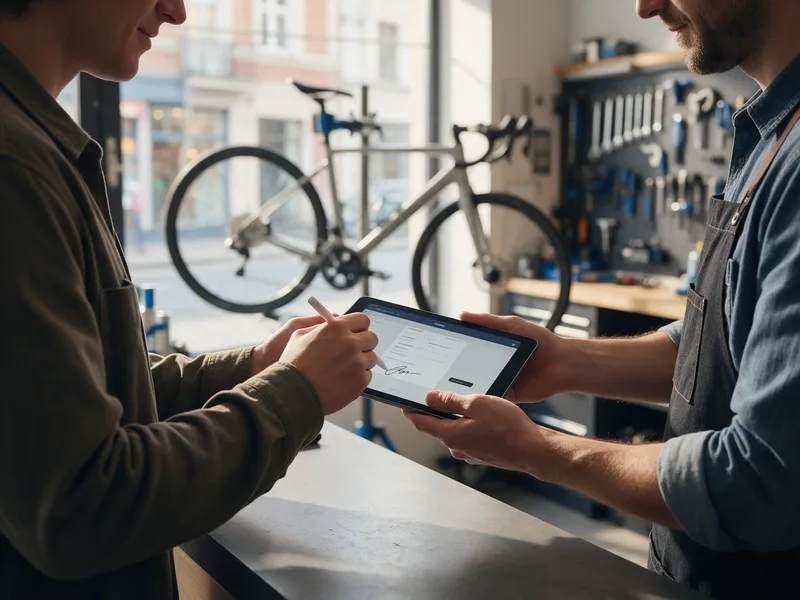 Aan de toonbank van een fietsenwinkel tekent een klant met een stylus op de tablet die de eigenaar hem voorhoudt.