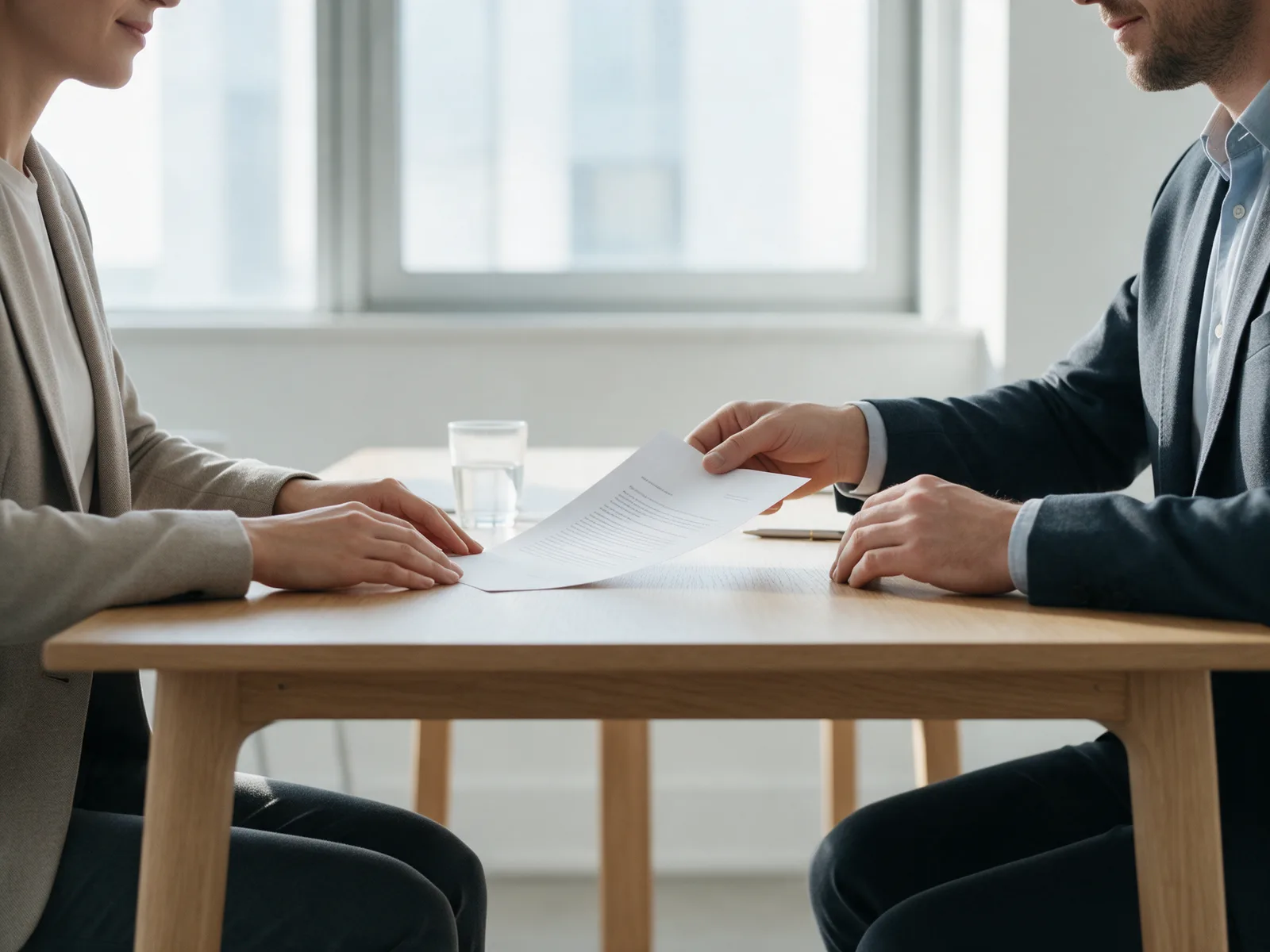 Vanaf de kop van een tafel: iemand schuift een regeling op papier naar de persoon tegenover zich.
