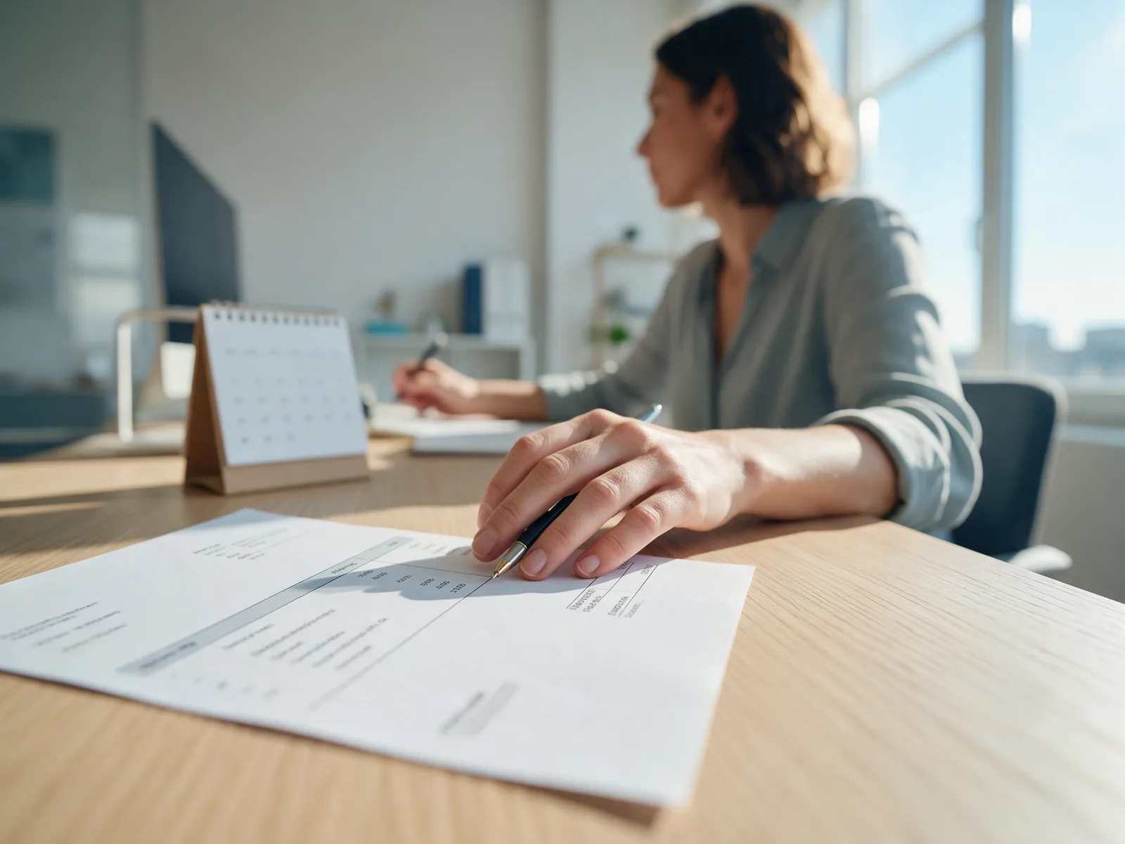 Van laag over een bureau: een factuur ligt scherp op de voorgrond, een hand met een pen bij de betalingstermijn, een bureaukalender en een vrouw in profiel erachter.