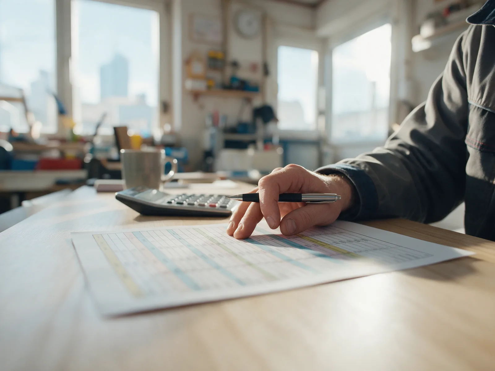 Een hand in een werkjas houdt een pen bij een rij op een geprint overzicht, laag over een houten tafel in een klein kantoor.