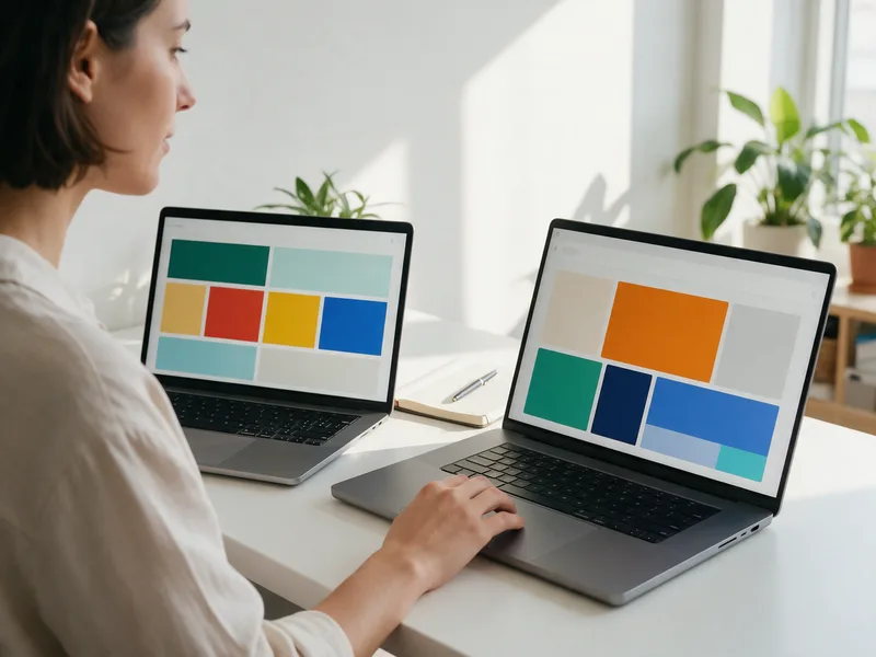 Een vrouw vergelijkt aan een licht bureau twee laptops naast elkaar, elk met een ander softwareoverzicht, van opzij gezien.