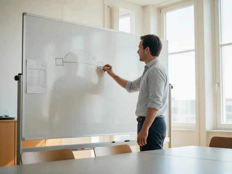 Een man tekent op een whiteboard een lijn met een pijl van het ene vakje naar het andere, met een lijst facturen ernaast opgehangen.