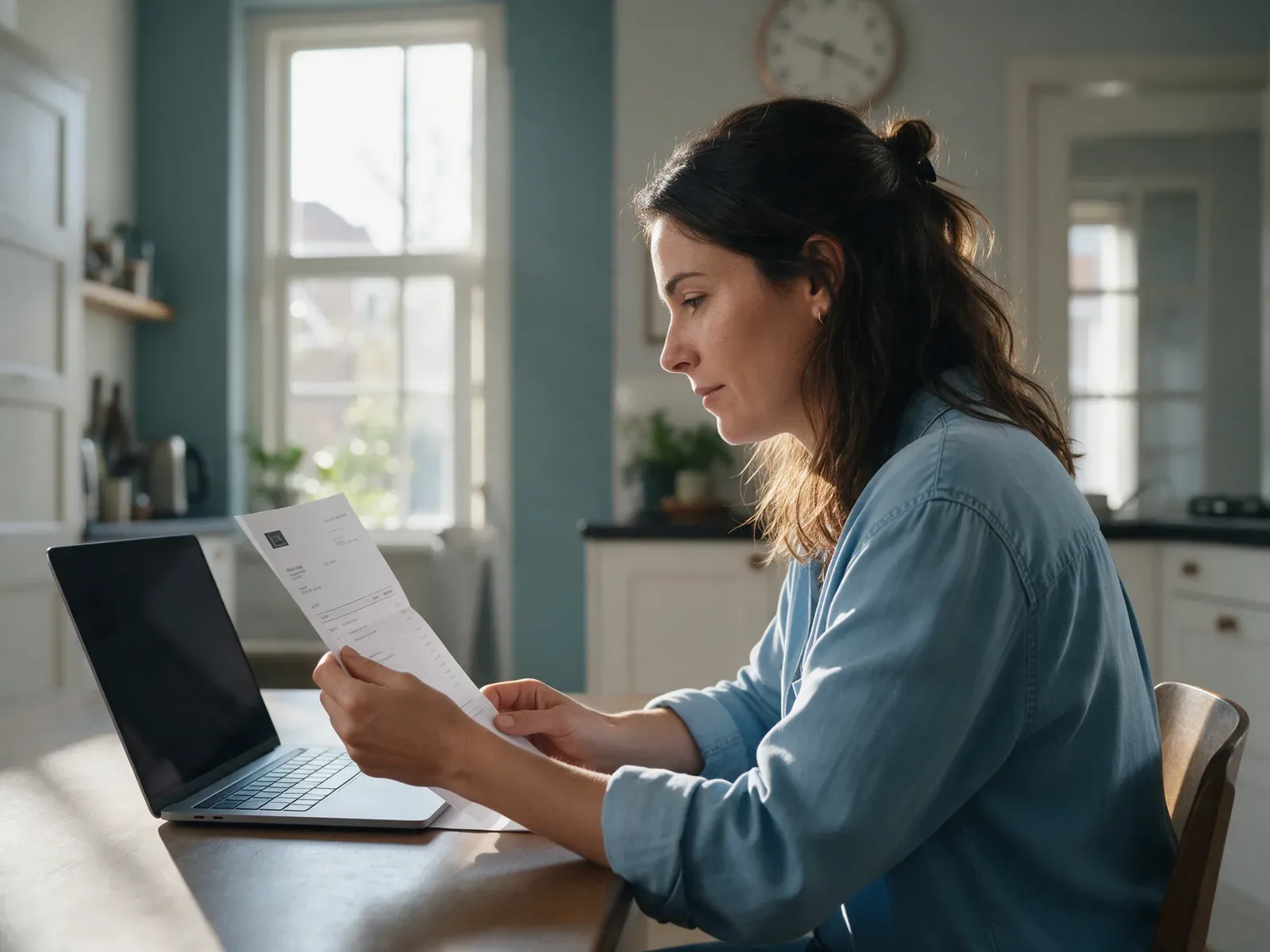 Een vrouw aan een keukentafel bekijkt een geprinte factuur naast een laptop, in helder ochtendlicht.