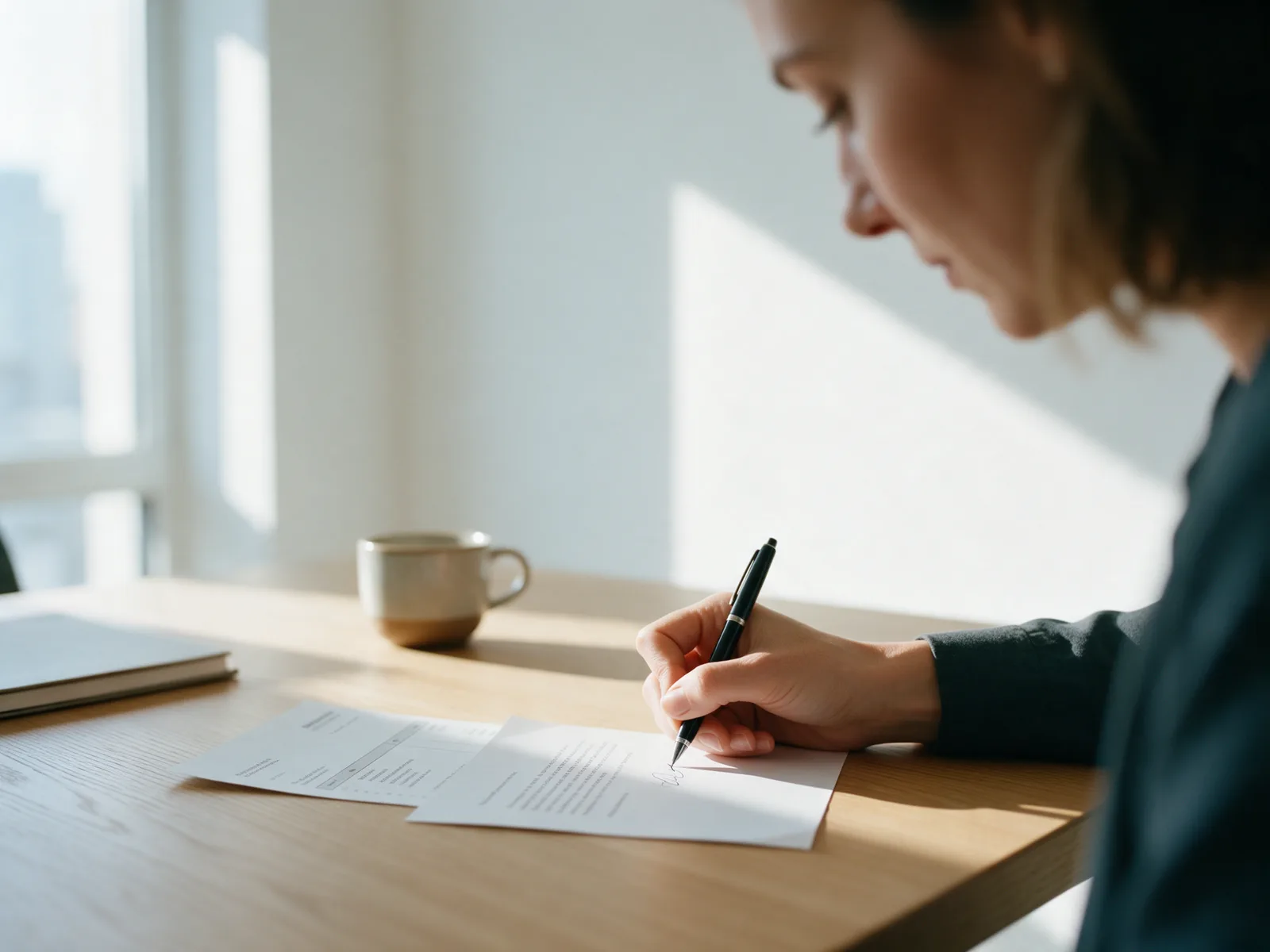 Van laag over een bureau: een vrouw ondertekent een kort schriftelijk antwoord, met de factuur ernaast.