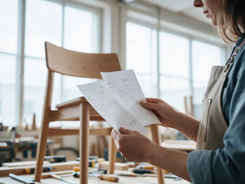 Een meubelmaker in een lichte werkplaats vergelijkt twee facturen naast elkaar, met een eikenhouten stoel op de achtergrond.