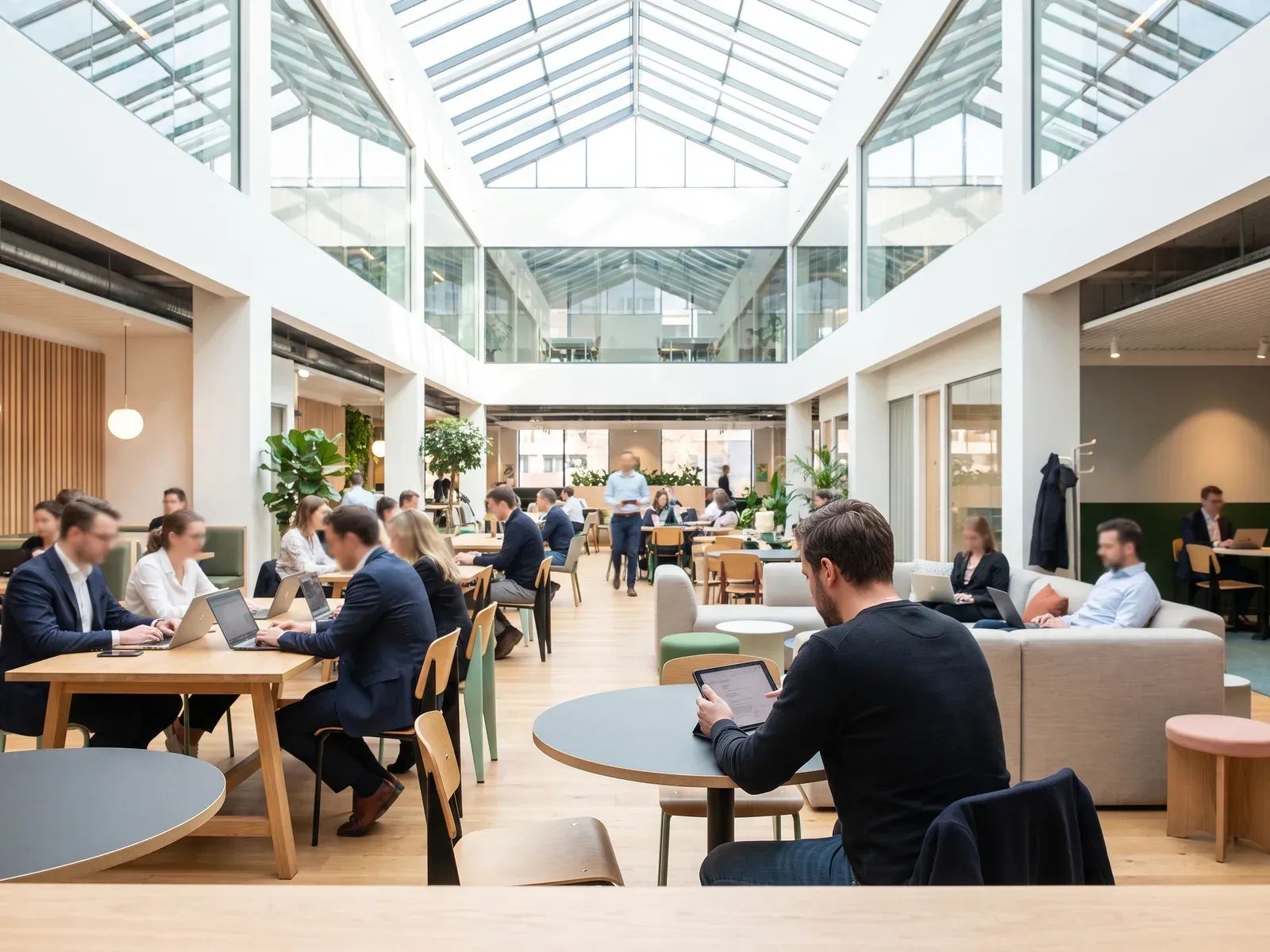 Een man aan een tafel met een tablet in een drukke, lichte co-working-ruimte, van op afstand gezien.
