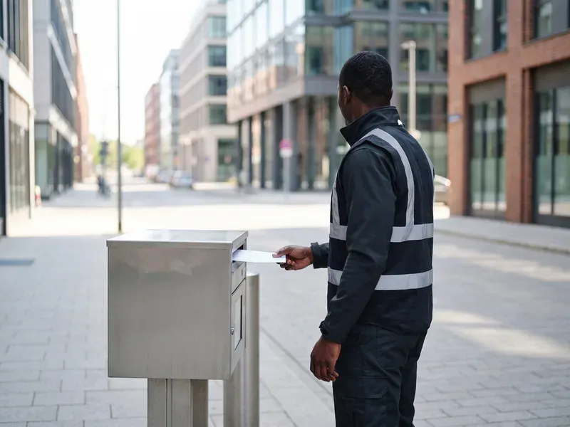 Een man in koeriersuniform laat van op afstand een brief in een moderne brievenbus glijden, op een stadsstraat.