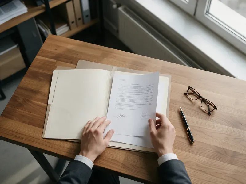 Een ondernemer bladert aan een bureau door een dossier met een ondertekende akte, van boven gezien.