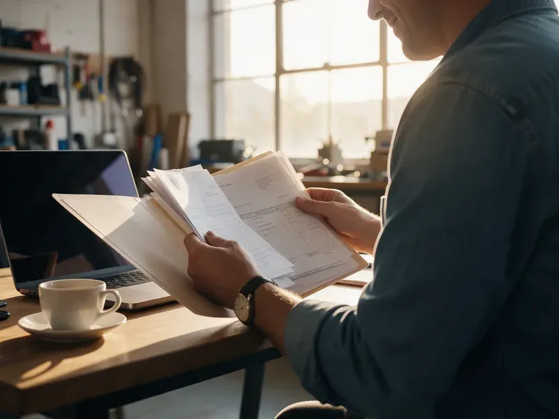Een ondernemer in een werkplaats bekijkt aan een houten bureau een map facturen, van opzij en achteren gezien, in het licht van een late middag.
