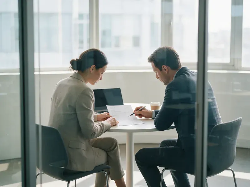 Twee mensen aan een ronde tafel in een glazen vergaderruimte; een van hen wijst met een pen één regel op een factuur aan.