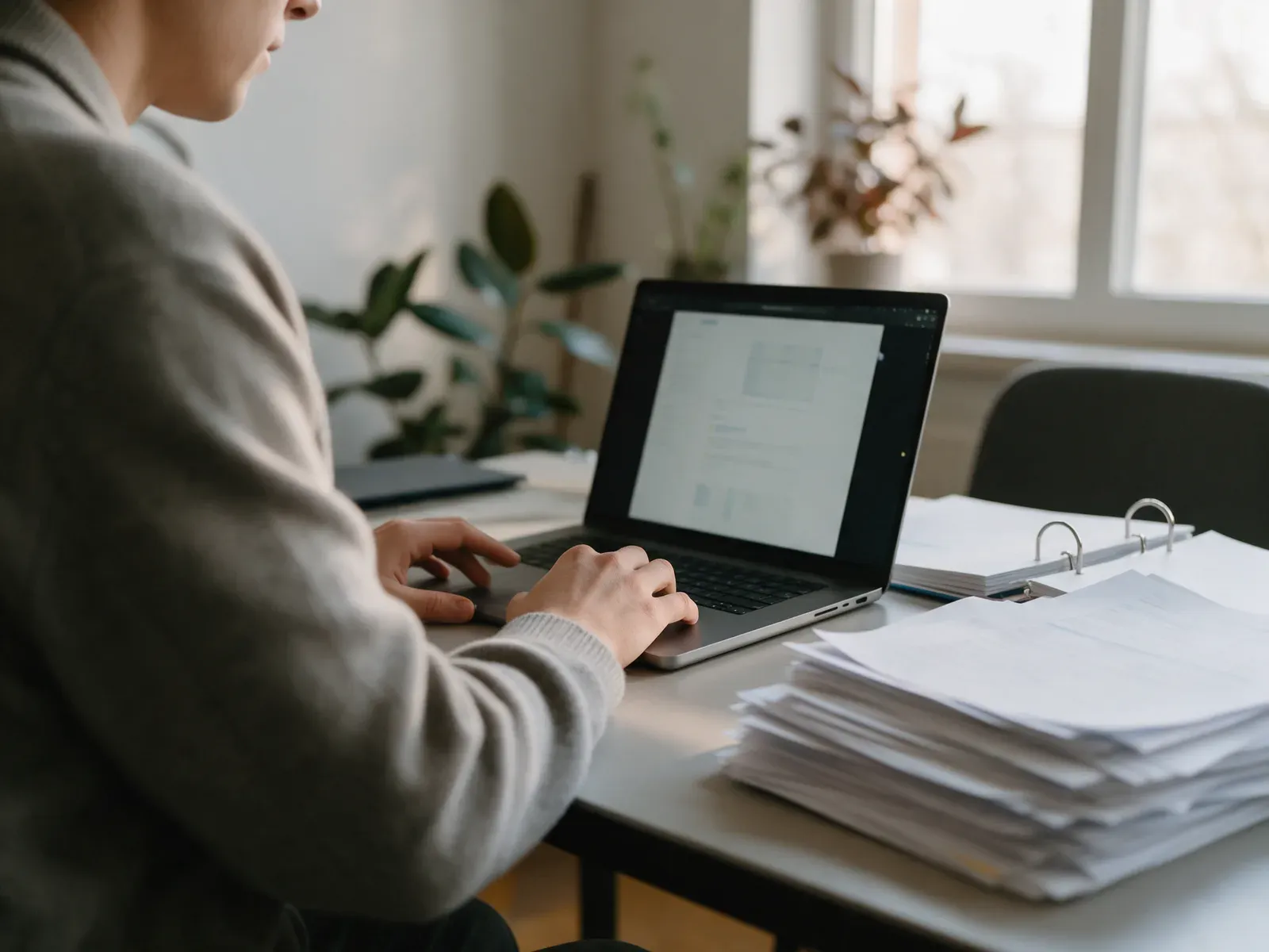 Een ondernemer zit aan een bureau voor een laptop en een stapel papieren, van opzij en achteren gezien, in zacht middaglicht.