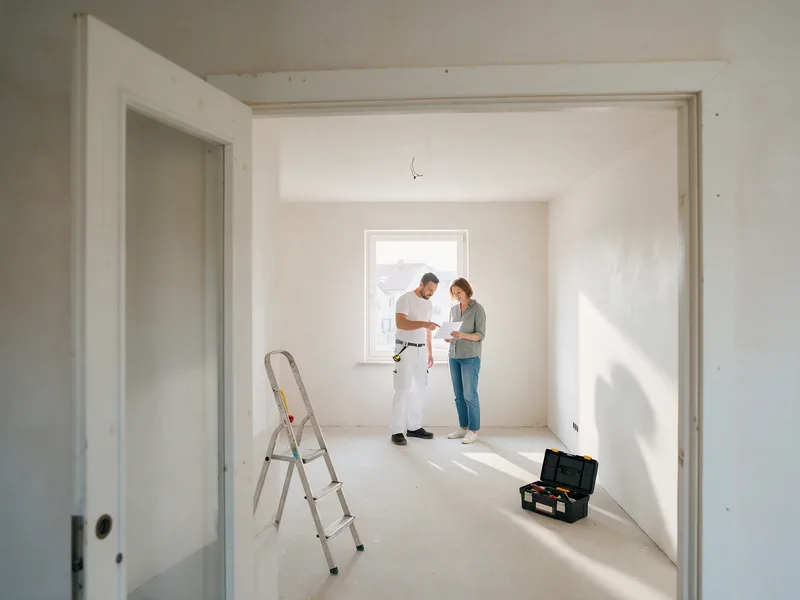 Vanuit de kamer ernaast: een aannemer en een klant bekijken samen een offerte in een half afgewerkte, lichte kamer.
