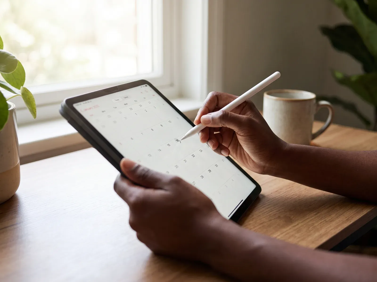 Handen markeren dagen in een kalender-app op een tablet, in zacht ochtendlicht.