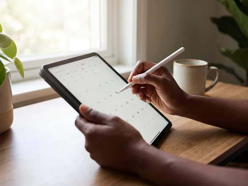 Handen markeren dagen in een kalender-app op een tablet, in zacht ochtendlicht.