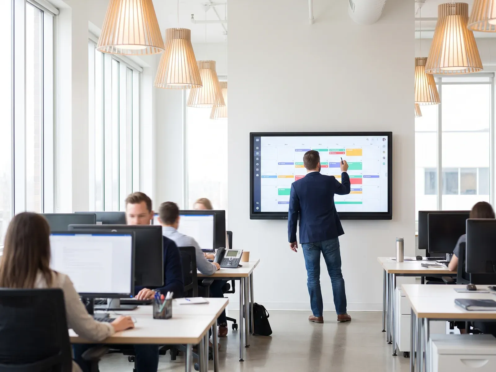 Een man markeert een datum op een groot digitaal wandscherm in een druk, licht kantoor met collega's op de achtergrond.