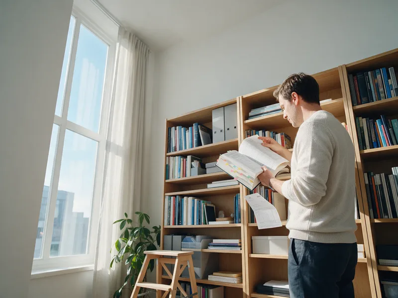 Van laag gezien: een man bij een boekenkast bladert in een dik naslagwerk met gekleurde tabs, een factuur in zijn andere hand, in een licht kantoor.