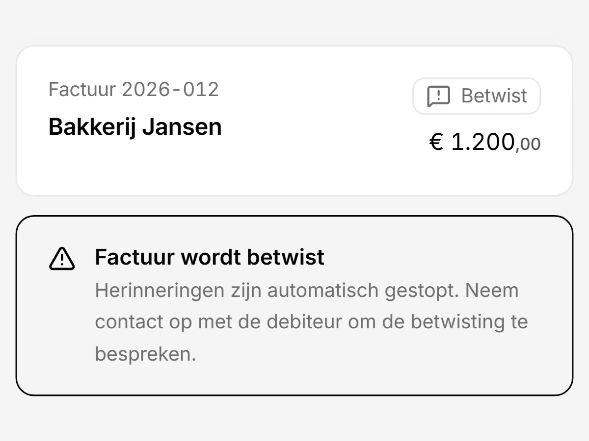 Factuur 2026-012 van Bakkerij Jansen met de status Betwist; er gaan geen herinneringen uit.