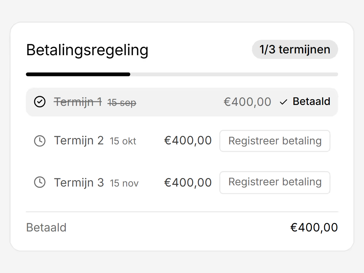 Een betalingsregeling voor factuur 2026-012 in drie termijnen van 400 euro, waarvan de eerste betaald is.