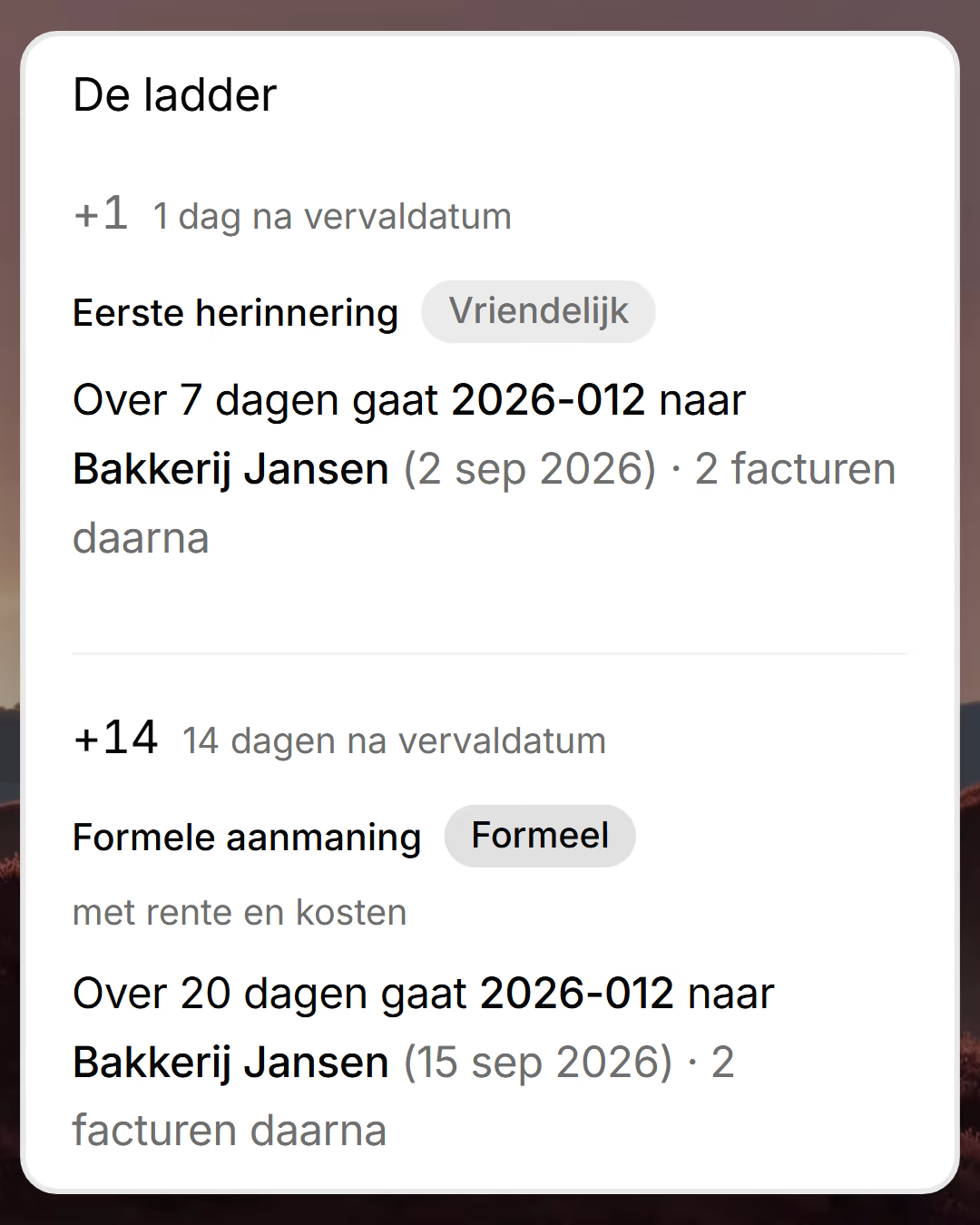 Drie openstaande facturen komen binnen uit een Excel-bestand, onder meer 2026-012 van Bakkerij Jansen. Bij Debiteuren zet je de opvolging voor de drie nieuwe klanten aan. Daarna verzet je de dagen van de herinneringen, en Vordero laat zien wanneer welke factuur aan de beurt is.