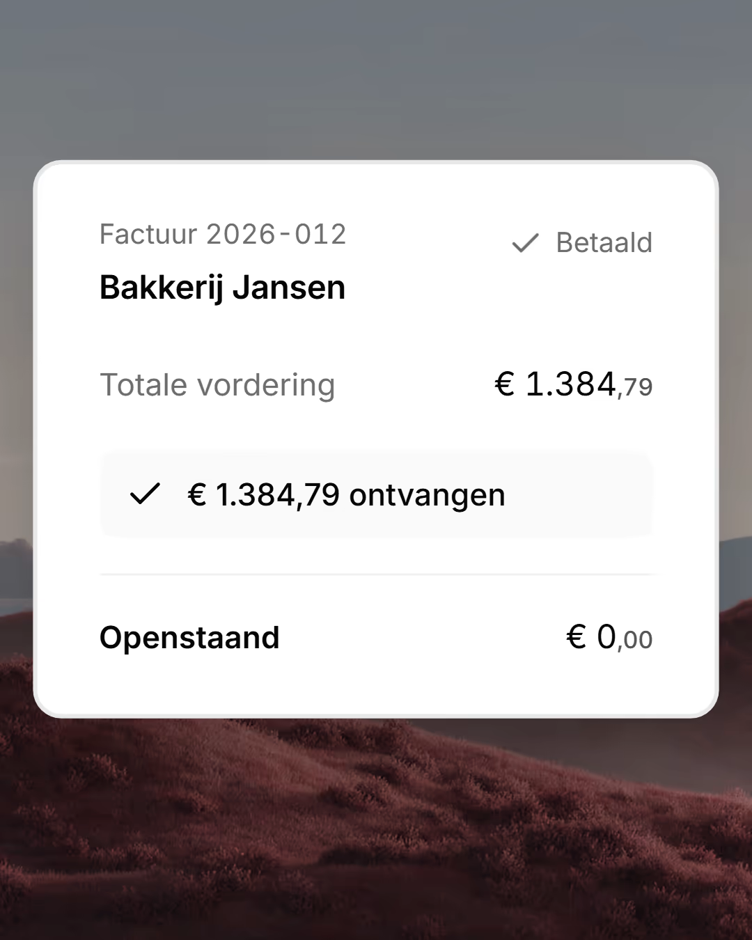 Je klant betaalt de 1.384,79 euro van de aanmaning op de betaalpagina. In Vordero staat de factuur meteen op betaald, met 0 euro openstaand.